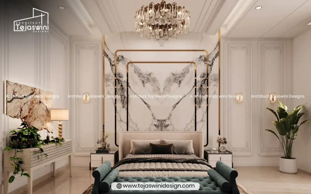 Sophisticated bedroom interior crafted Tejaswini Designs, blending comfort, luxury, and contemporary style in Noida.