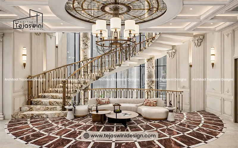Modern living hall false ceiling design with recessed lights and clean lines