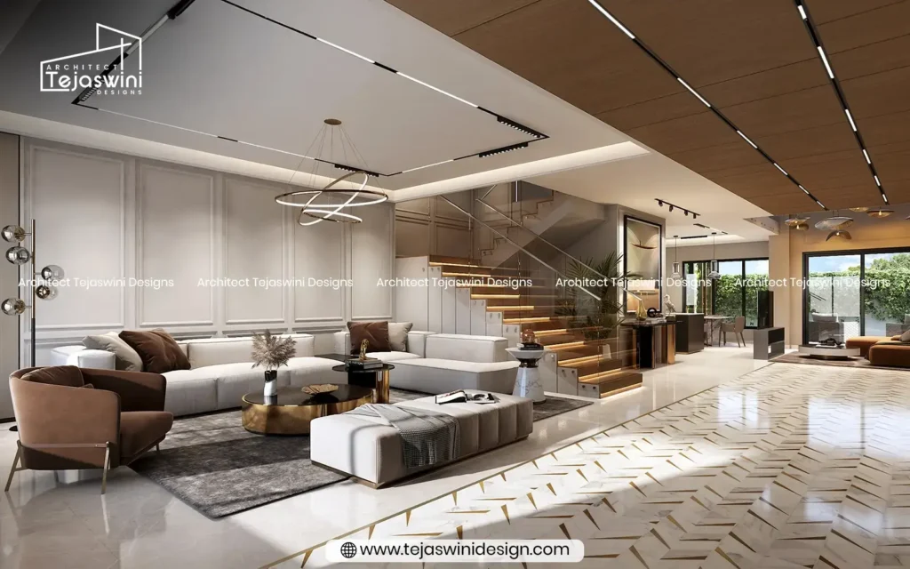 Elegant luxury living room designed by luxury architect and interior designer in Noida, featuring premium finishes and modern aesthetics