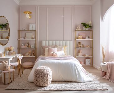Art Deco Girls Room Design With Pink Wall Panels-img