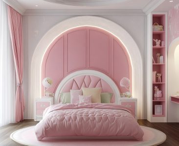 Art Deco Kids Bedroom Design With Arc Pink Panels And White Frame-img