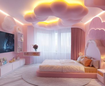 Art Deco Pink And White Kids Room Design For Girls With Cloud POP Ceiling-img