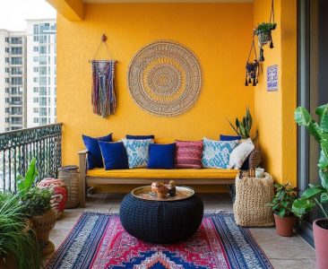 Bohemian Balcony Design with Vibrant Yellow Wall-img