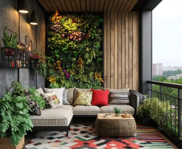 Bohemian Balcony Design with Wooden Panels and Vertical Garden-img