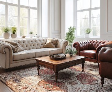 Classic Living Room Design with Beige Sofas and Leather Armchair-img