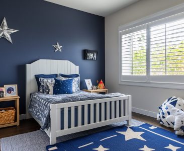 Contemporary Boys Room Design With Dark Blue Accent Wall And Star Decor-img
