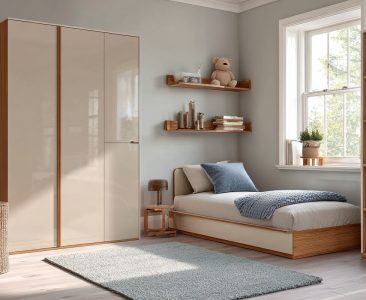 Contemporary Boys Room Design With Glossy Beige Wardrobe-img