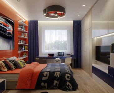 Contemporary Boys Room Design With Glossy Wall Panel And Car Fixtures-img