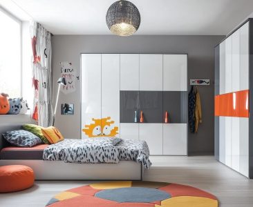 Contemporary Boys Room Design With With Grey And White Glossy Wardrobe-img