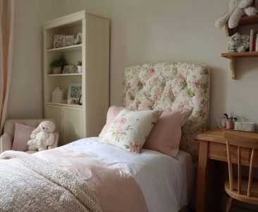 Contemporary Kids Room Design For Girls With Floral Upholstered Headboard-img
