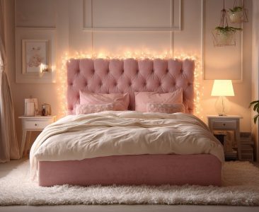 Contemporary Kids Room Design For Girls With Pink Tufted Headboard-img