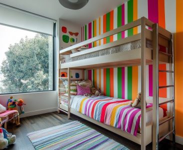 Contemporary Kids Room Design For With Multicoloured Striped Wallpaper-img