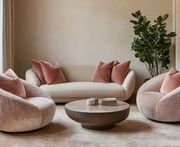 Contemporary Living Room Design with Beige Sofa and Dusty Rose Armchairs-img