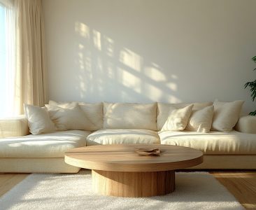 Contemporary Living Room Design with Beige Sofa and Round Coffee Table-img