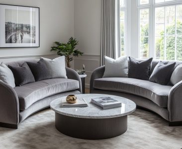 Contemporary Living Room Design with Curved Sofas and Marble Coffee Table-img