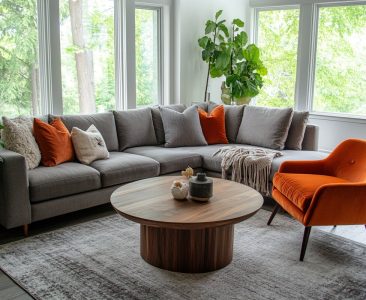 Contemporary Living Room Design with Grey Sofa and Orange Accent Chair-img