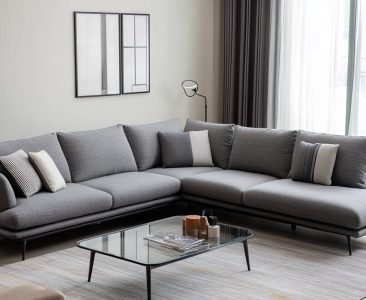 Contemporary Living Room Design with L-Shaped Grey Sofa and Glass Table-img
