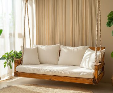 Contemporary Living Room Design with a Swing and Wooden Accents-img