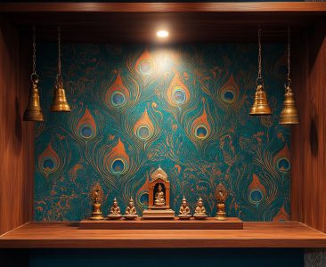 Contemporary Mandir Design With Peacock-Textured Wallpaper-img