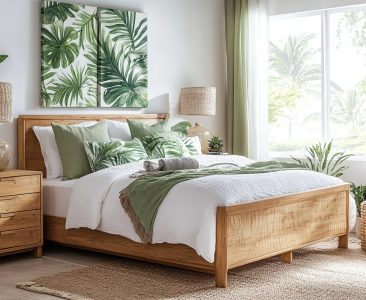 Contemporary Master Bedroom Design with Queen Bed and Botanical Prints-img