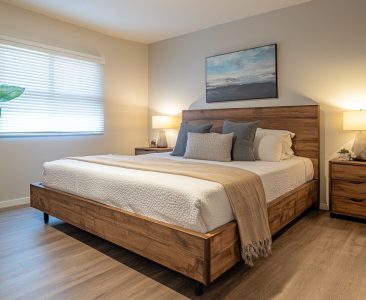 Contemporary Master Bedroom Design with Queen Bed and Wood Accents-img