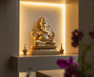 Contemporary Pooja Unit Design with Gold Ganesha Idol and Backlit Panel-img