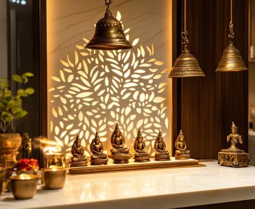 Contemporary Pooja Unit Design with Soft Backlit Leaf Design-img