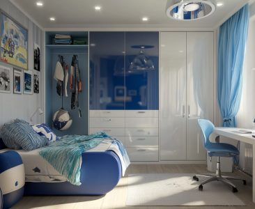 Contemporay Boys Room Design With Blue And White Swing Wardrobe-img