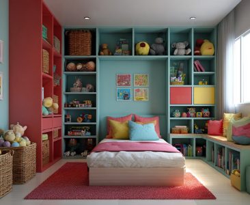 Eclectic Kids Room Design For Girls With Teal And Red Storage Units-img