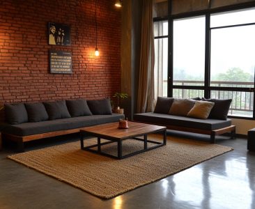 Industrial Living Room Design with Textured Sofa and Brick Accent Walls-img