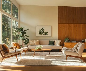 Mid-Century Modern Living Room Design with Wooden and Upholstered Furniture-img