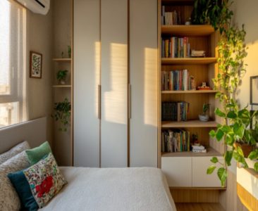 Modern 3-Door Swing Wardrobe Design with Open Shelving