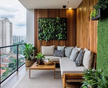 Modern Balcony Design with Vertical Plank Wall and Plants-img