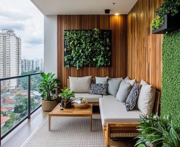 Modern Balcony Design with Vertical Plank Wall and Plants-img