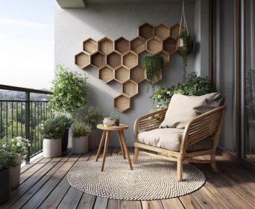 Modern Balcony Design with Wooden Hexagon Wall Decor (1)-img