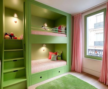 Modern Kids Bedroom Design With Built In Green Bunk Bed-img