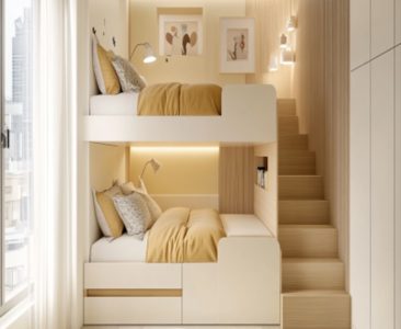 Modern Kids Bedroom Design With Dual-Toned Beige And White Walls