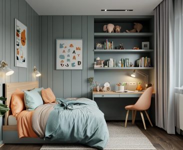 Modern Kids Bedroom Design With Light Grey Wall Panel-img