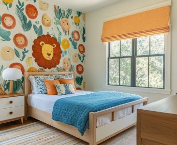Modern Kids Bedroom Design With Lion Themed Wallpaper-img