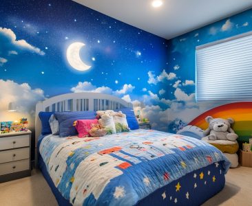 Modern Kids Bedroom Design With Sky Themed Wallpaper-img