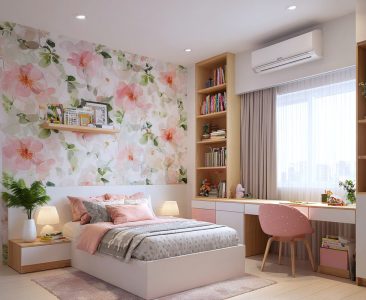 Modern Kids Room Design For Girls With Floral Wallpaper-img