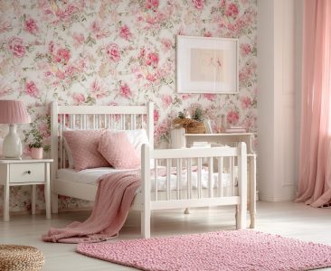 Modern Kids Room Design For Girls With Pink Floral Wallpaper-img