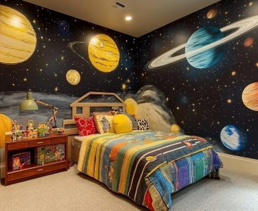 Modern Kids Room Design With Space-Themed Wallpaper-img