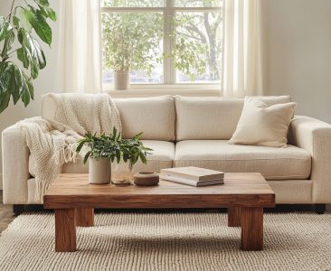 Modern Living Room Design with Beige Sofa and Wooden Coffee Table-img