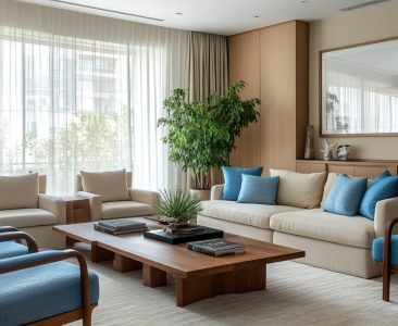 Modern Living Room Design with Blue and Beige Upholstery Furniture-img