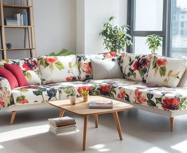 Modern Living Room Design with Floral Sectional Sofa and Coffee Table-img