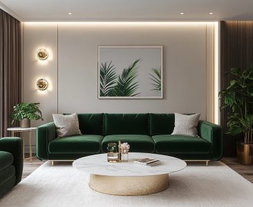 Modern Living Room Design with Green Velvet Sofa and Marble Table-img