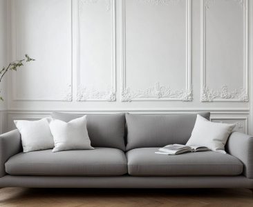 Modern Living Room Design with Grey Sofa and Wall Trim-img