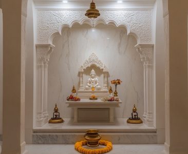 Modern Mandir Design With Marble Tiles And Storage Space-img