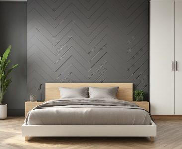 Modern Master Bedroom Design with Chevron Grey Wall and Wardrobe-img